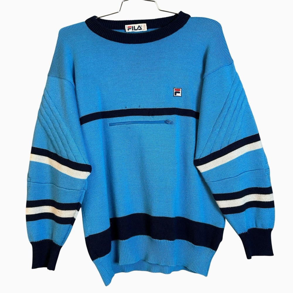 VTG 80s FILA Wool Sweater Blue Pullover Italy Medium SIze 42 Zip Pocket Baggy